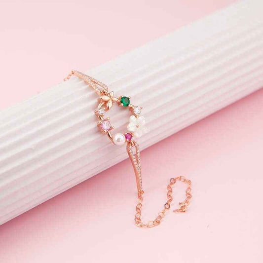 Rose Plated Heart Magnolia Flower Butterfly Women's Silver Bracelet