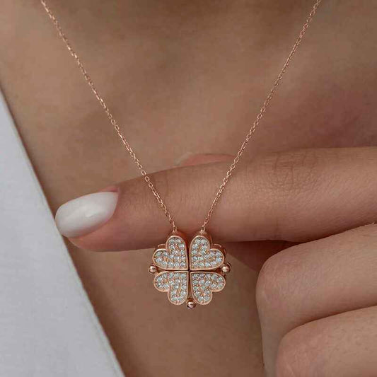 Rose Plated Heart Openable Clover Women's Silver Necklace