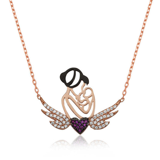 Rose Plated Heart Mother and Child Silver Necklace