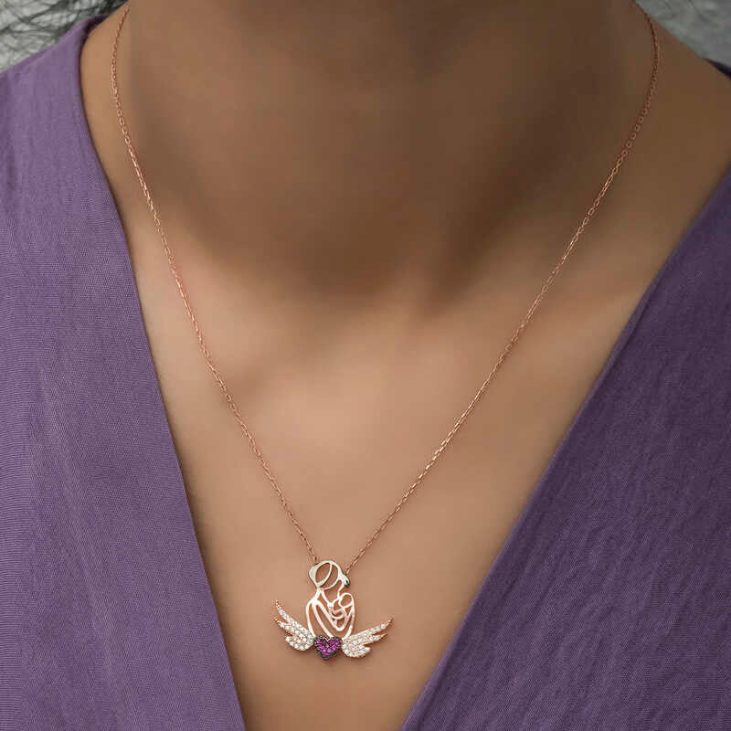 Rose Plated Heart Mother and Child Silver Necklace