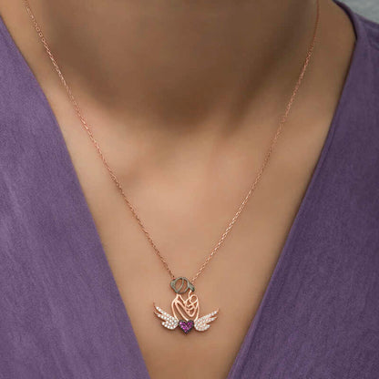 Rose Plated Heart Mother and Child Silver Necklace