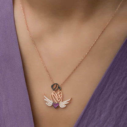 Rose Plated Heart Mother and Child Silver Necklace