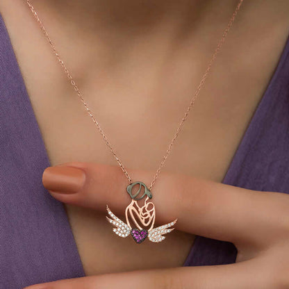 Rose Plated Heart Mother and Child Silver Necklace