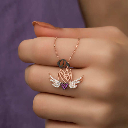 Rose Plated Heart Mother and Child Silver Necklace