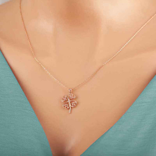 Rose Plated Heart Four-Leaf Clover Women's Silver Necklace