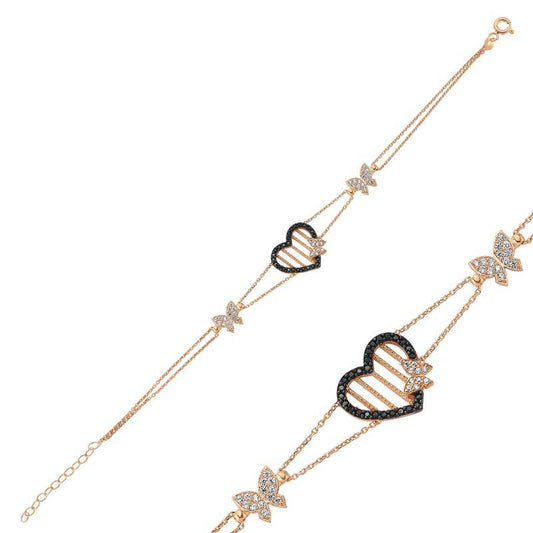 Rose Plated Heart Butterfly Women's Silver Bracelet