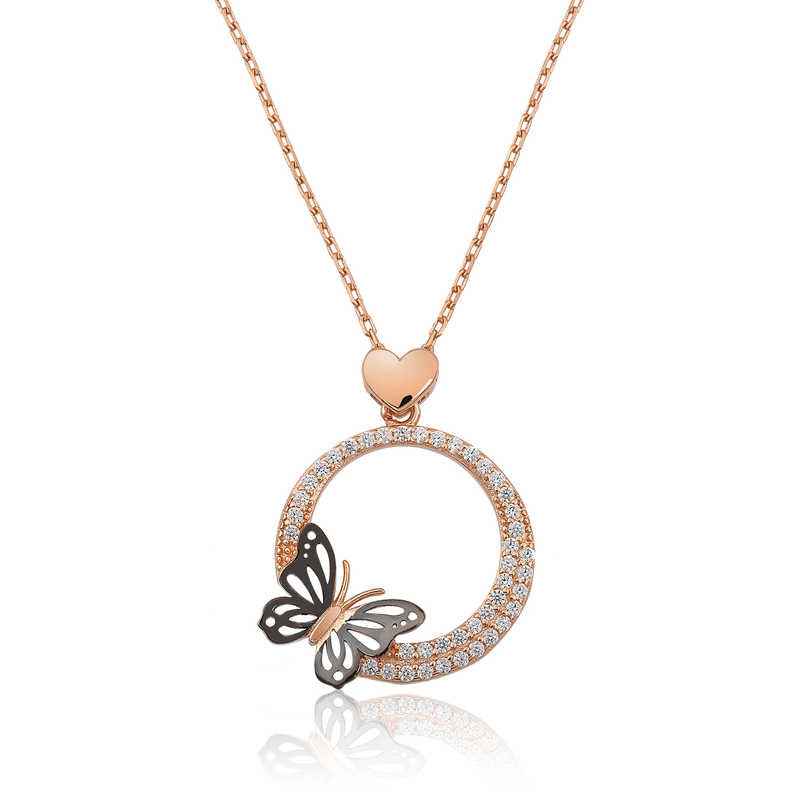Rose Plated Heart Butterfly Hoop Women's Silver Necklace