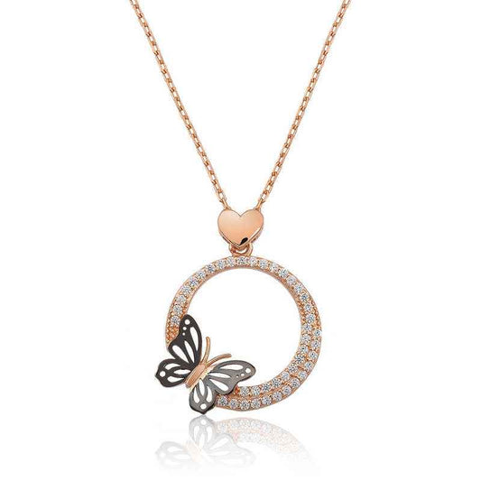 Rose Plated Heart Butterfly Hoop Women's Silver Necklace