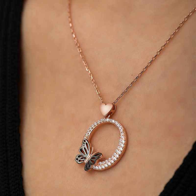 Rose Plated Heart Butterfly Hoop Women's Silver Necklace