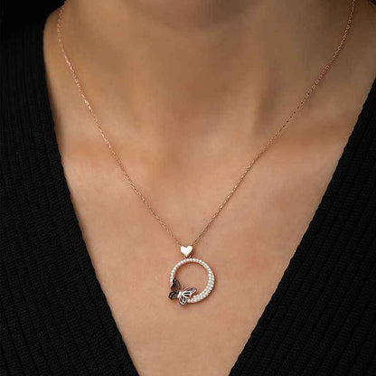 Rose Plated Heart Butterfly Hoop Women's Silver Necklace