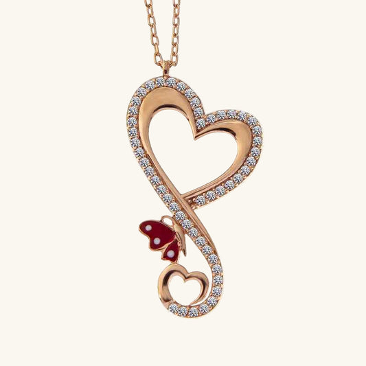 Rose Plated Heart Butterfly Women's Silver Necklace