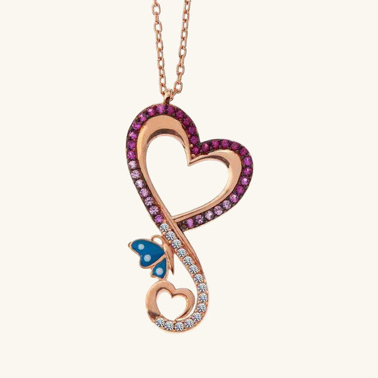 Rose Plated Heart Butterfly Women's Silver Necklace