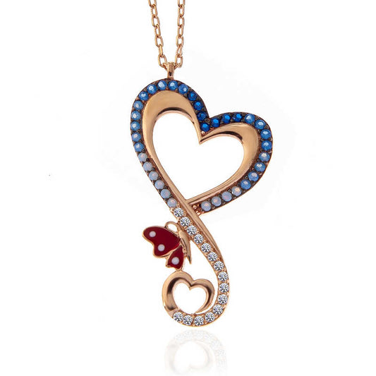 Rose Plated Heart Butterfly Women's Silver Necklace