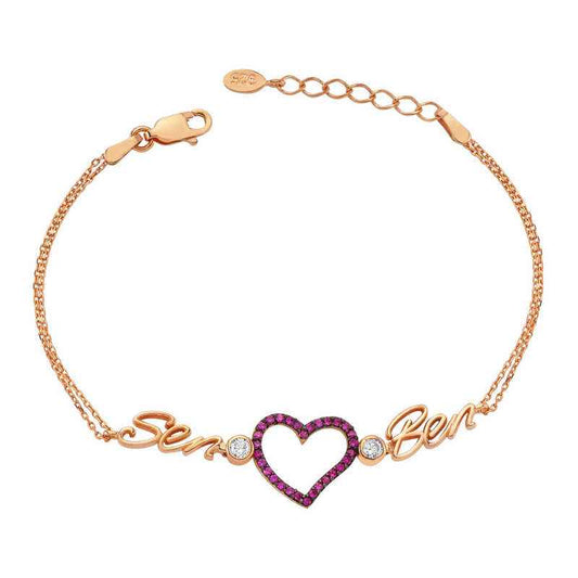 Rose Plated Heart "You & Me" Women's Silver Bracelet