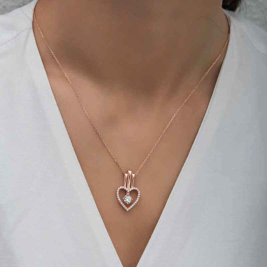 Rose Plated Heart Single Stone Women's Silver Necklace