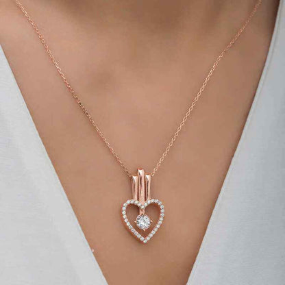Rose Plated Heart Single Stone Women's Silver Necklace