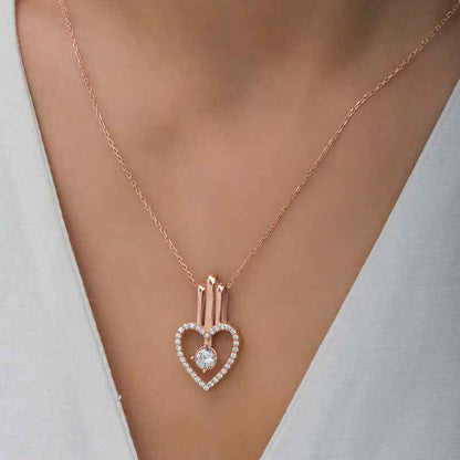 Rose Plated Heart Single Stone Women's Silver Necklace