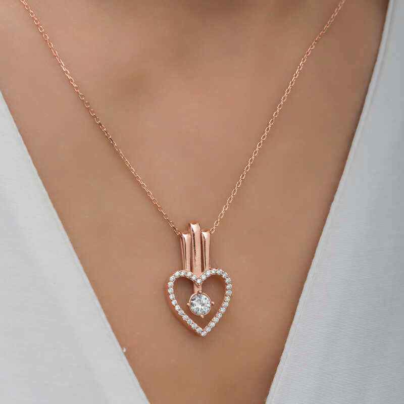 Rose Plated Heart Single Stone Women's Silver Necklace