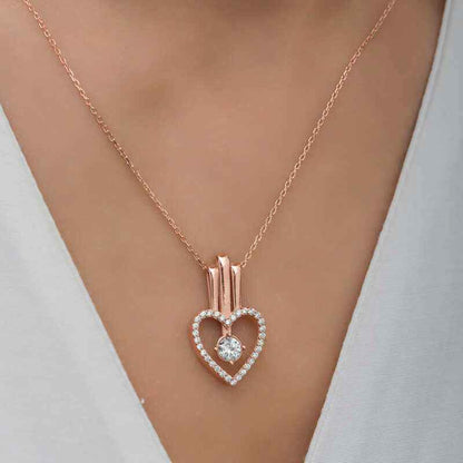 Rose Plated Heart Single Stone Women's Silver Necklace