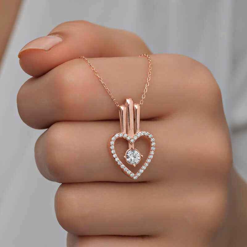 Rose Plated Heart Single Stone Women's Silver Necklace