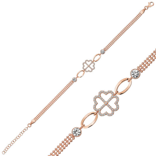 Rose Plated Heart Clover Silver Bracelet