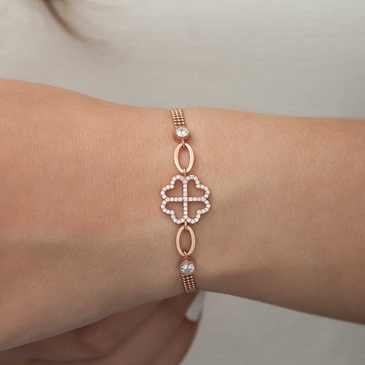 Rosévergoldetes Herz-Klee-Silberarmband