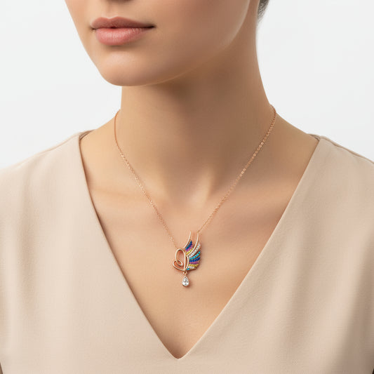 Collier en argent plaqué or rose avec cœur ailé pour femme