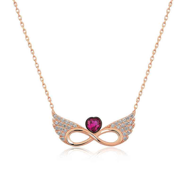 Rose Plated Winged Eternal Heart Silver Necklace