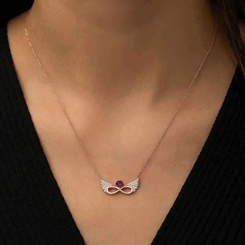 Rose Plated Winged Eternal Heart Silver Necklace