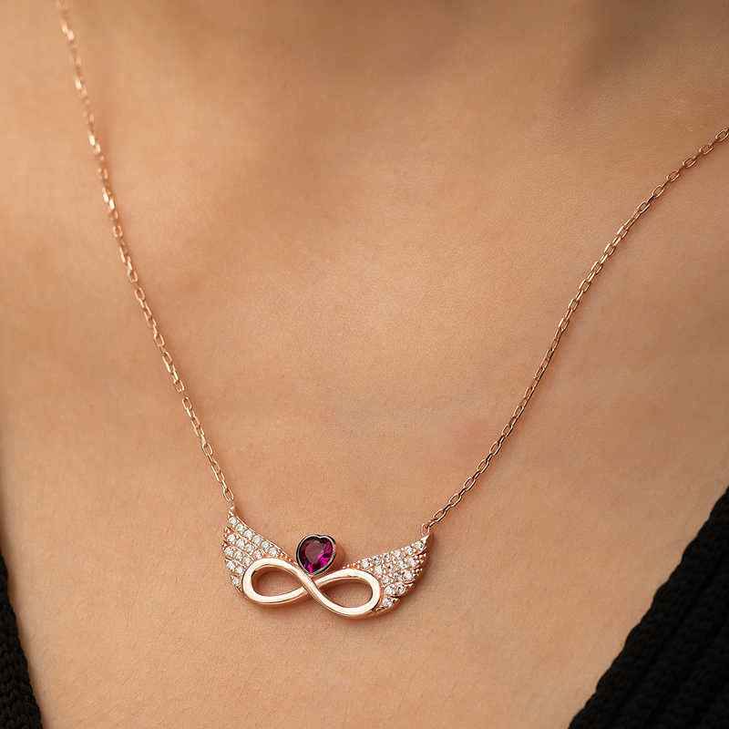 Rose Plated Winged Eternal Heart Silver Necklace