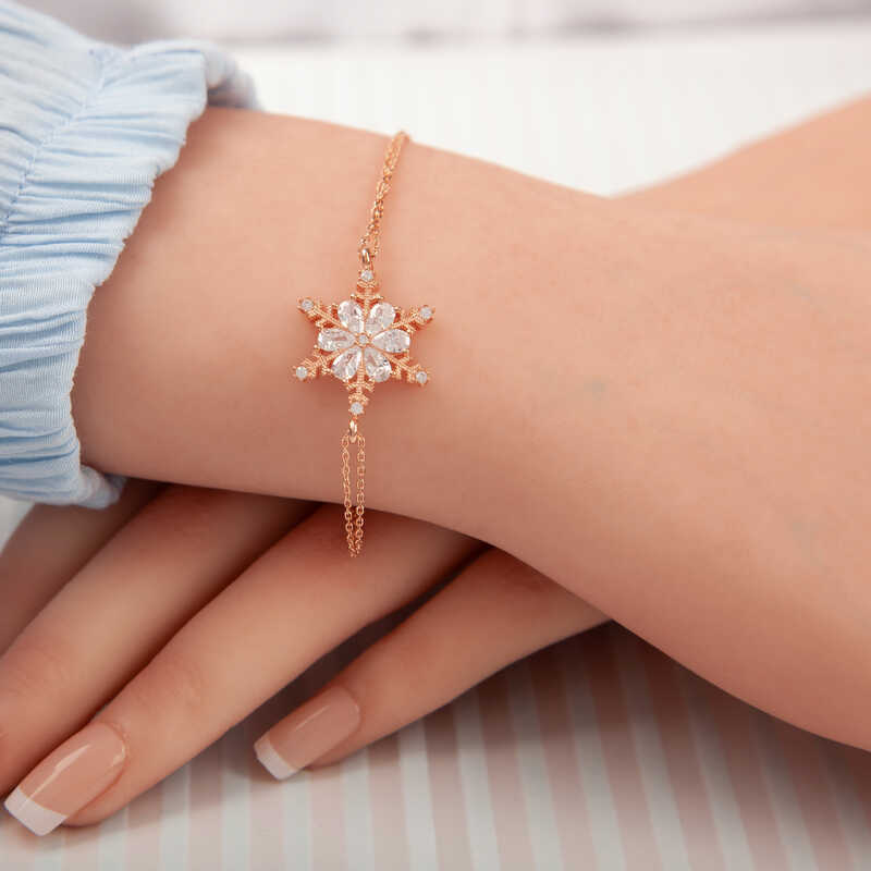 Bracelet en argent plaqué rose pour femme avec fleur de neige