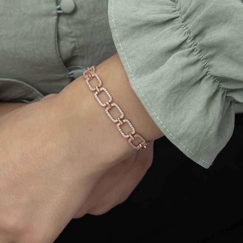 Rose Plated Square Stone Women's Silver Bracelet