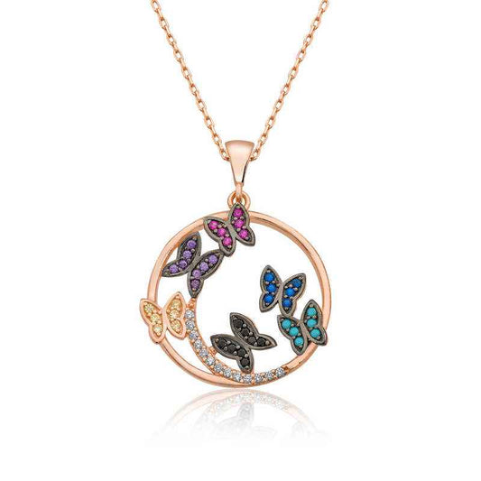 Butterfly Circle Rose Gold Plated Women's Silver Necklace