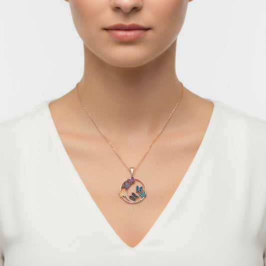 Butterfly Circle Rose Gold Plated Women's Silver Necklace