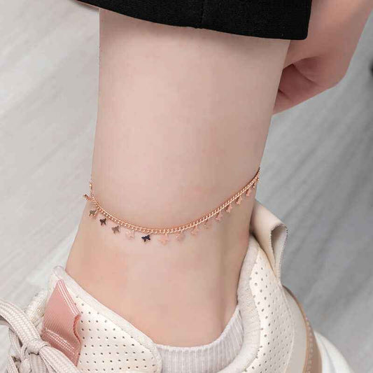 Rose Plated Butterfly Silver Anklet