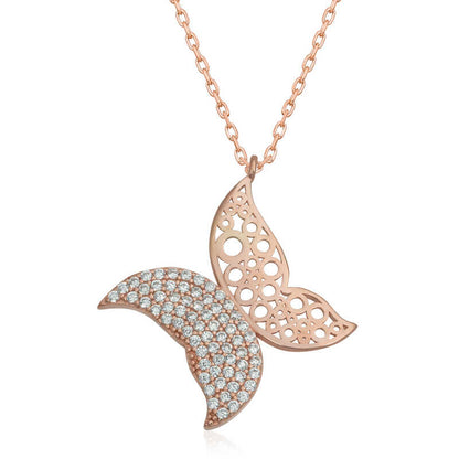Collier en argent pour femme avec papillon rose