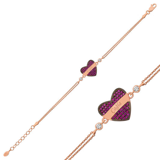 Red Heart Name Women's Rose Gold Plated Silver Bracelet