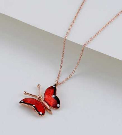 Red Butterfly Rose Gold Plated Silver Necklace