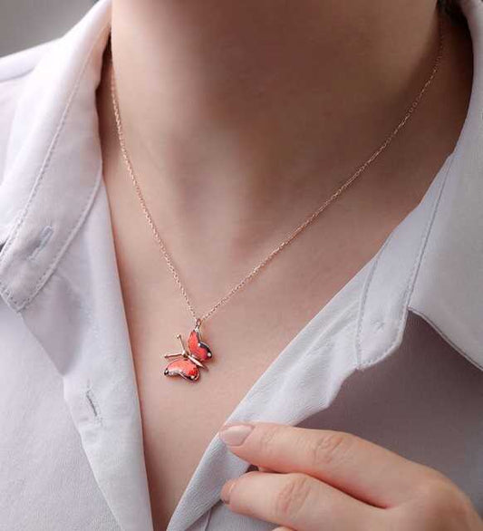 Red Butterfly Rose Gold Plated Silver Necklace