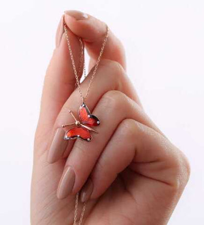 Red Butterfly Rose Gold Plated Silver Necklace