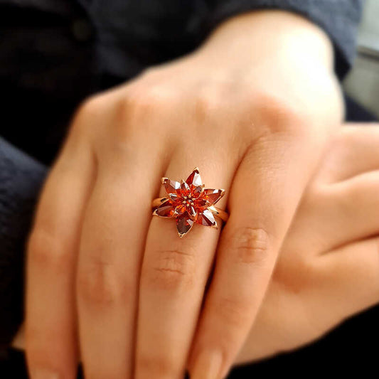 Red Lotus Flower Rose Plated Silver Ring