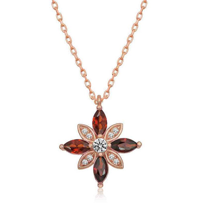 Red Stone Hope Flower Rose Gold Plated Silver Necklace