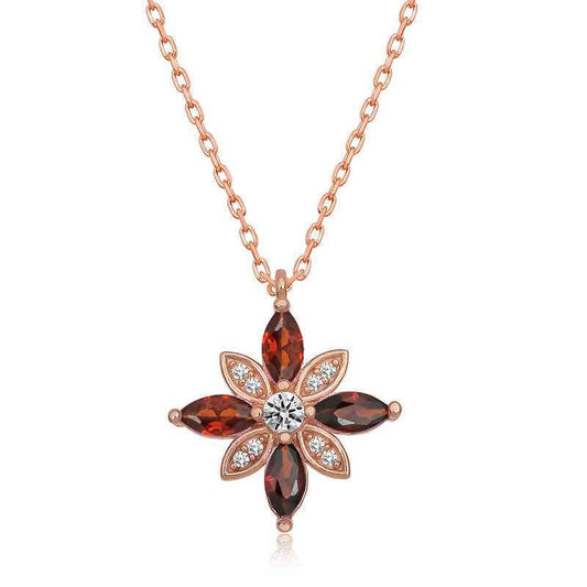Red Stone Hope Flower Rose Gold Plated Silver Necklace