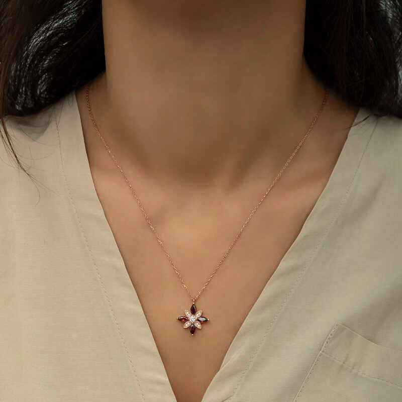 Red Stone Hope Flower Rose Gold Plated Silver Necklace