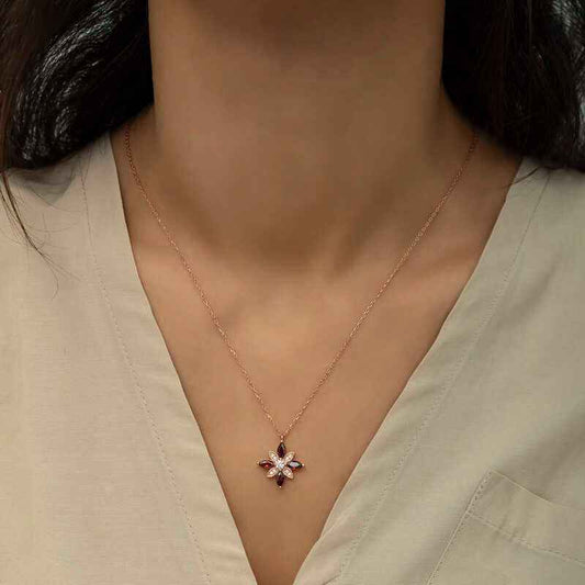 Red Stone Hope Flower Rose Gold Plated Silver Necklace