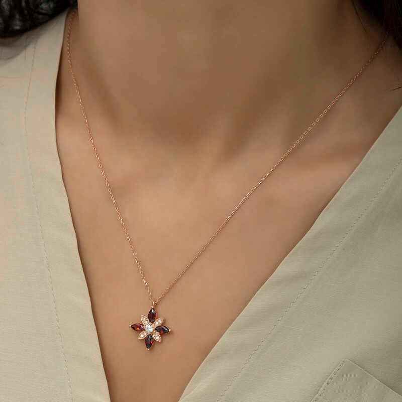 Red Stone Hope Flower Rose Gold Plated Silver Necklace