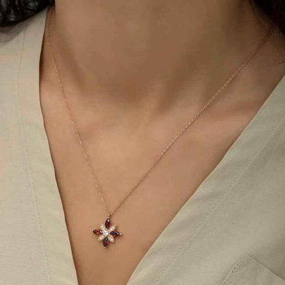Red Stone Hope Flower Rose Gold Plated Silver Necklace