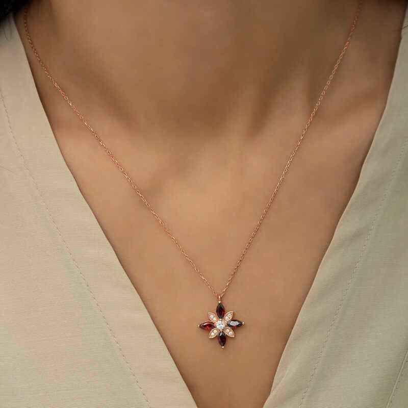 Red Stone Hope Flower Rose Gold Plated Silver Necklace