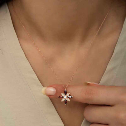 Red Stone Hope Flower Rose Gold Plated Silver Necklace