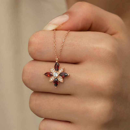 Red Stone Hope Flower Rose Gold Plated Silver Necklace